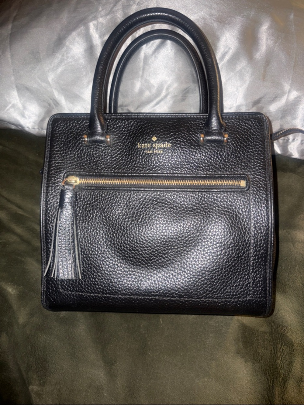 kate spade Black Pebbled Leather Top-Handle Satchel with Tassel